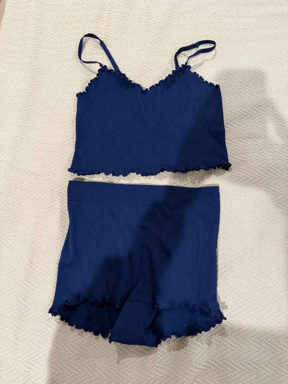 aerie Navy Ribbed Lettuce-Edge Cami & High-Waist Shorts Set